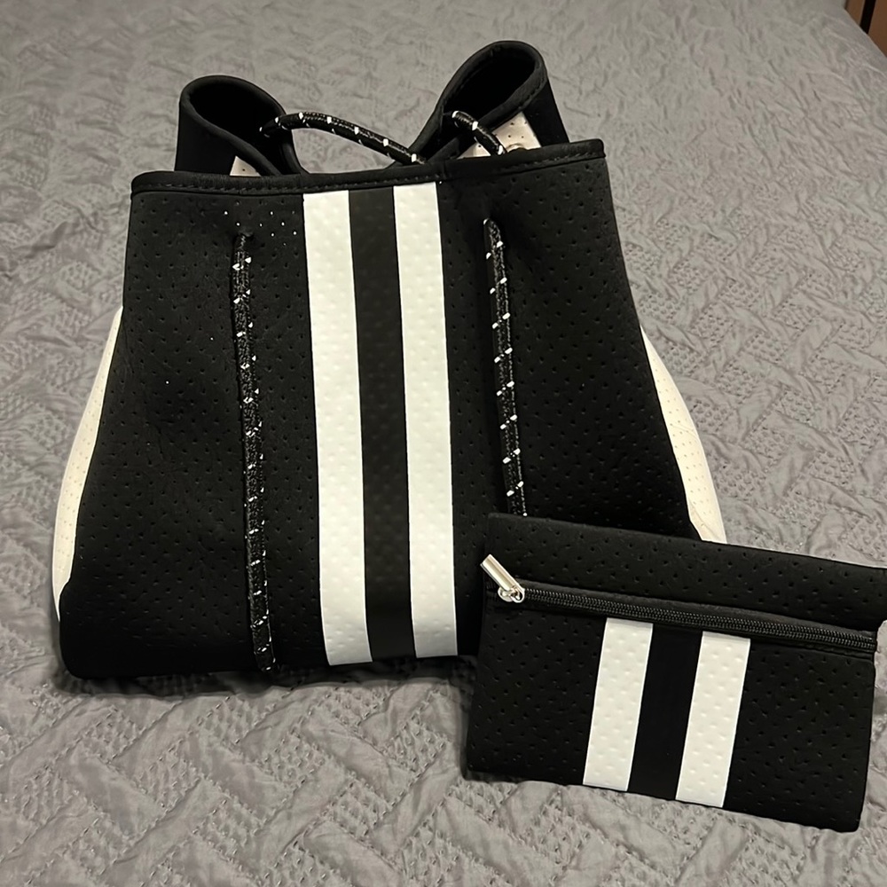 Black and White Neoprene Tote Bag with Coin Purse/Wristlet